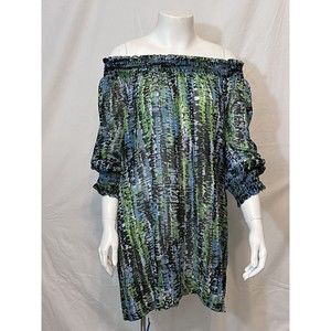 George Simonton Chiffon Elastic Neck Off-shoulder Boho Green Blues Blouse Large